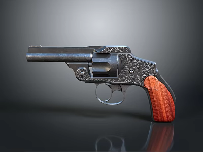 Vintage Engraved Revolver With Wooden Grip And Black Metal On Reflective Surface 3d model