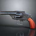 Vintage Engraved Revolver With Wooden Grip And Black Metal On Reflective Surface