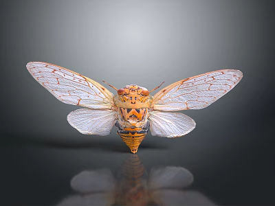 Vibrant Cicada With Transparent Veined Wings And Orange Yellow Body On Dark Background With Reflection 3d model