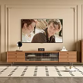 Elegant Single Sofa In Classic Living Room With Wooden TV Stand And Decorative Walls