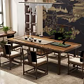 Traditional Chinese Wooden Tea Table and Chairs With Tea Sets and Potted Plant Decor
