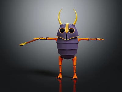 Fictional Insectoid Character Featuring Yellow Horns Purple Segmented Body And Orange Limbs In Standing Pose 3d model