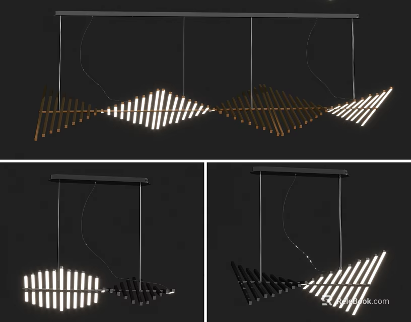 Modern Geometric Chandelier With Striped Wave Shaped Gold Black Metallic Lighting Fixture 3d model 