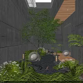 Courtyard Garden With Gray Walls Skylight Lush Green Plants Lanterns Stones And Natural Moss