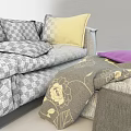 Stylish Sofa Set with Soft Pillows Ottoman and Floral Pattern Blanket 3d model
