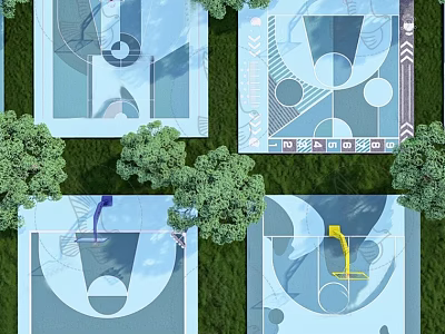 Creative Basketball Court Design Layouts With Green Trees And Colorful Patterns 3d model