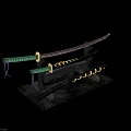 Traditional Swords With Green Scabbards And Golden Fittings On Black Stand