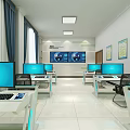 Bright Public Office Space With Desks Computers Chairs And Green Decorative Elements 3d model