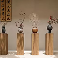 Chinese Style Flower Arrangements In Various Vases On Wooden Pedestals With Calligraphy Background