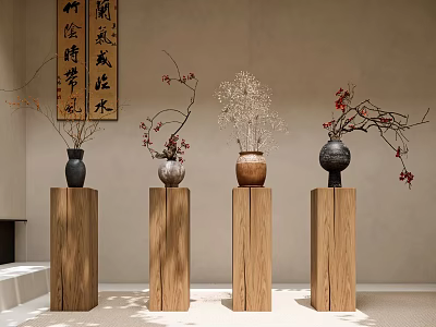 Chinese Style Flower Arrangements In Various Vases On Wooden Pedestals With Calligraphy Background 3d model