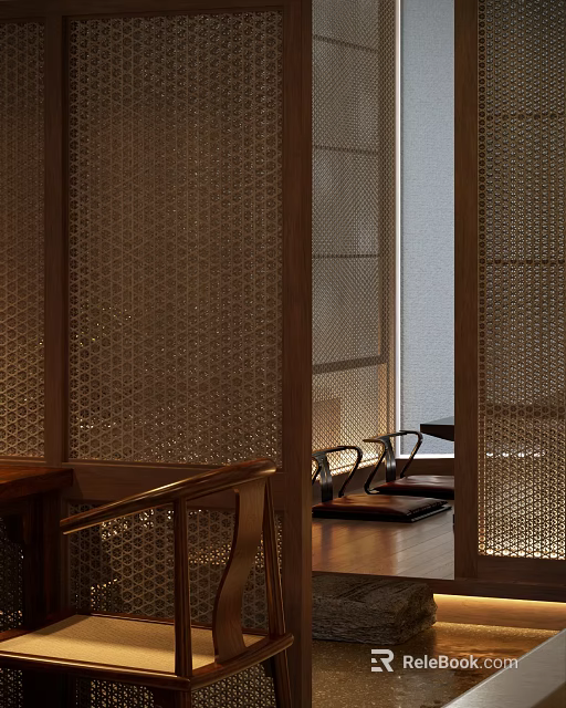 Wooden Perforated Partition In Interior Space With Furniture 3d model 