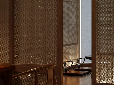 Wooden Perforated Partition In Interior Space With Furniture 3d model
