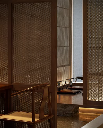 Wooden Perforated Partition In Interior Space With Furniture 3d model