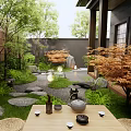 Japanese Style Courtyard Garden With Stone Path Green Plants And Wooden Lanterns