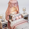 Kids Bed with Pink Canopy Cartoon Pillows Striped Bedding Bedside Tables Lamps and Stuffed Toys