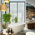 Hotel Bathroom With Floor to Ceiling Windows Mountain View Freestanding Bathtub Green Plants Pendant Lights