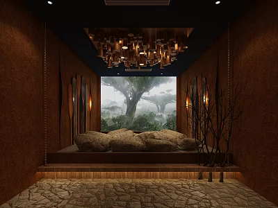 Cozy Natural Themed Room With Brown Walls Large Window And Platform Bed 3d model