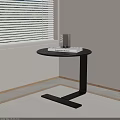 Minimalist Modern Black Side Table with Book and Glass near Window Blinds