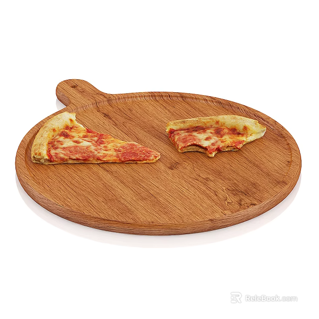 Two Fresh Pizza Slices On Wooden Round Board With One Bite Taken 3d model 