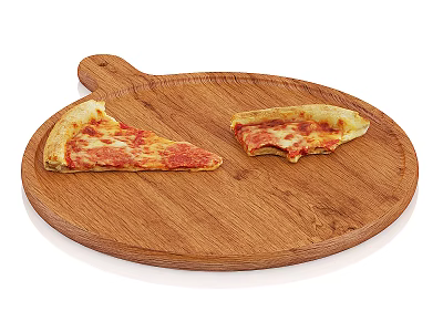 Two Fresh Pizza Slices On Wooden Round Board With One Bite Taken 3d model