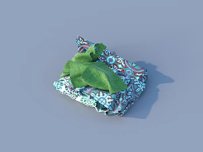 Folded Clothes With Green Fabric And Colorful Patterned Cloth On Gray Background 3d model