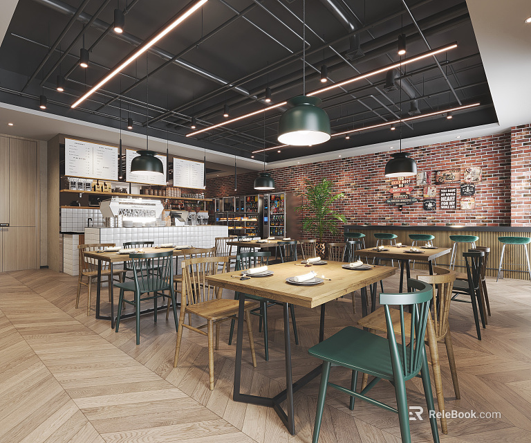 Modern Café With Open Layout Red Brick Walls Wooden Tables Chairs Hanging Lights Green Plants 3d model 