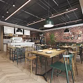 Modern Café With Open Layout Red Brick Walls Wooden Tables Chairs Hanging Lights Green Plants