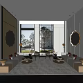 Modern Lounge Area Design With Large Windows Trees View Gold Round Mirrors And Comfortable Sofas 3d model