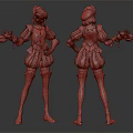 Detailed Red Outfit Character Design With Blue Accents Hat Holding Object Front Back Views