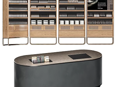 Modern Mall Counter With Wooden Display Shelves And Product Arrangements 3d model