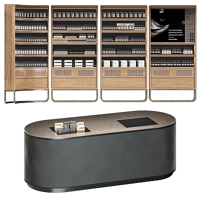 Modern Mall Counter With Wooden Display Shelves And Product Arrangements 3d model