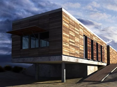 Modern Contemporary Building With Wooden Exterior Concrete Pillars Large Windows Overhanging Roof And Cloudy Sky 3d model