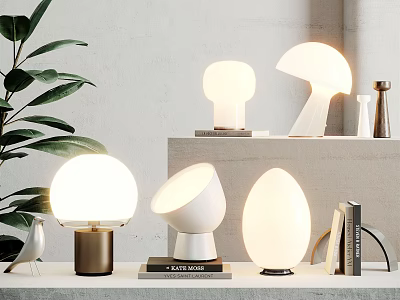 Modern Table Lamps With Various Shapes And Green Plant On Decorative Shelf 3d model