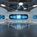 Futuristic Exhibition Hall With Interactive Digital Displays Blue Interface White Lines And Ceiling Lights 3d model