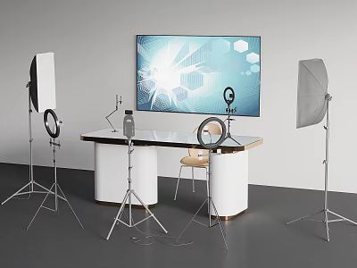 Modern Television Display On White Table With Photography Lights And Microphone Setup 3d model