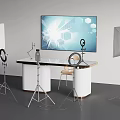 Modern Television Display On White Table With Photography Lights And Microphone Setup