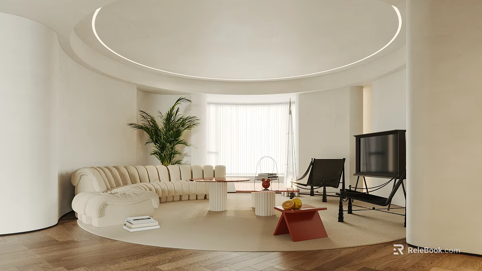 Modern Minimalist Living Room Interior With Circular Ceiling Beige Sofa Green Plant Black Armchair TV 3d model 