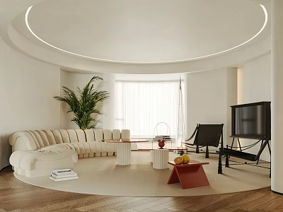 Modern Minimalist Living Room Interior With Circular Ceiling Beige Sofa Green Plant Black Armchair TV 3d model