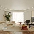 Modern Minimalist Living Room Interior With Circular Ceiling Beige Sofa Green Plant Black Armchair TV