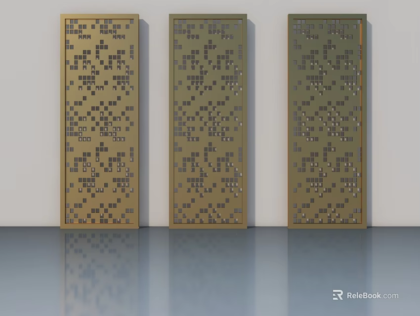Three Modern Hinged Doors With Gold Green Intricate Patterns In Interior 3d model