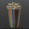 Freshly Popped Popcorn In Colorful Striped Paper Cup With White Kernels
