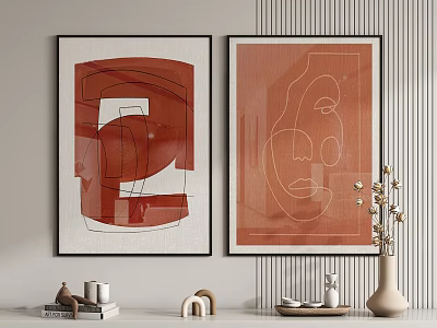 Abstract Modern Paintings With Red Geometric Shapes And Line Art Face On Light Wall Decor 3d model