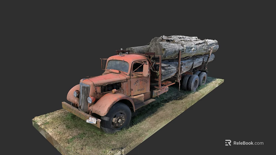 Vintage Rusty Red Truck Loaded With Large Logs On Grass 3d model 