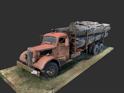 Vintage Rusty Red Truck Loaded With Large Logs On Grass 3d model