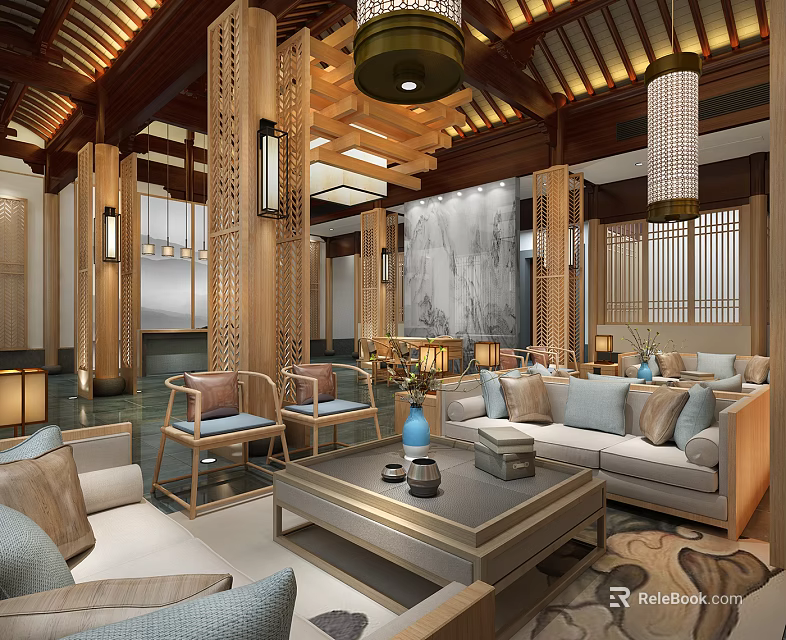 Chinese Style Hotel Lobby With Wooden Structure Lanterns Screens Sofas Coffee Table And Decorative Painting 3d model 