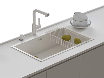 Modern White Kitchen Sink With Faucet Drainer Rack Olives And Plates On Countertop 3d model