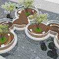 Roadside Facilities With Circular Wooden Platforms Central Trees Seating Areas And Stone Pavement