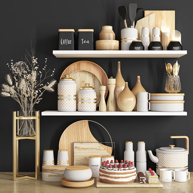 Elegant Kitchenware Display on Black Background Shelves with Ceramic Jars Wooden Plates and Dried Flowers 3d model 