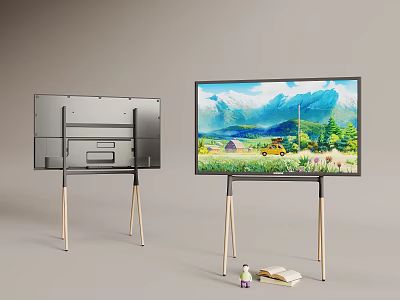 Modern Silver TV With Golden Legs Showing Scenic Nature View And Side Design 3d model