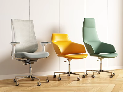 Three Modern Office Chairs in Gray Yellow Green with Wheels and Armrests 3d model